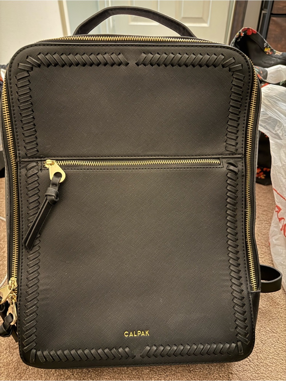 Calpak Black Structured Backpack with Gold Hardware